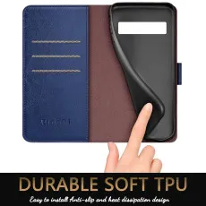 Google Pixel 7 Pro leather wallet case in Blue with soft inner material