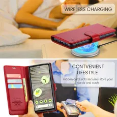 Google Pixel 7A leather wallet case in Red with card slots and wriless charging compitable