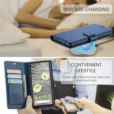 Google Pixel 7A leather wallet case in Blue with card slots and wirless charging compitable