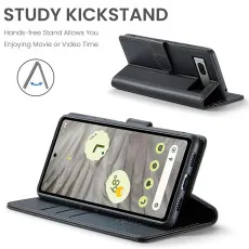 Google Pixel 7A leather wallet case in Black with kickstand