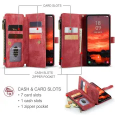 Zipper Pocket Samsung Galaxy S25 Leather Wallet Case Red with kickstand