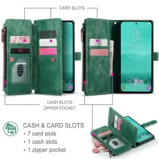Zipper Pocket Samsung Galaxy S25 Leather Wallet Case Green With card Slote And Kickstand
