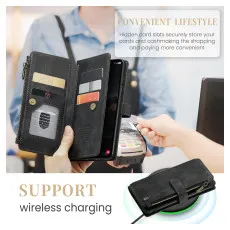 Leather wallet zipper case support wireless charging