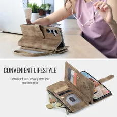 leather wallet case for Samsung Galaxy S25 Plus in brown with stand