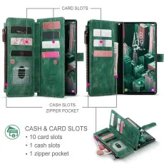 Samsung Galaxy S23 Ultra leather wallet Zipper case Green With kickstand and slots