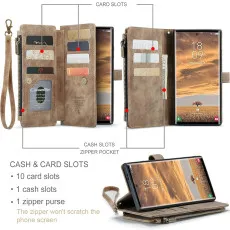 Samsung Galaxy S23 Ultra leather wallet Zipper case Brown With kickstand
