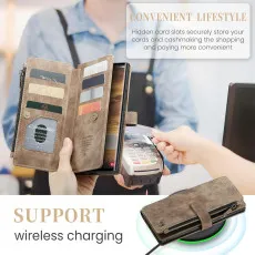 Samsung Galaxy S23 Ultra leather wallet Zipper case Brown With wireless charging compitable