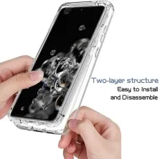A person installing a clear, full-coverage case on their Samsung S20 Ultra for all-around protection