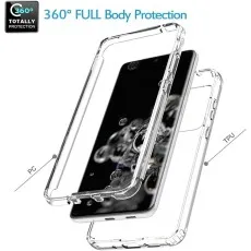 Angled view of a Samsung Galaxy S20 Ultra in a clear TPU case, emphasizing its slim profile and full protection
