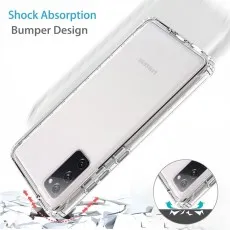 Image of a clear, shockproof case protecting a Samsung S20 Plus from a potential drop