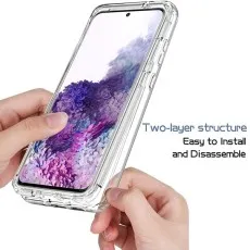A person installing a clear, full-coverage case on their Samsung S20 for all-around protection