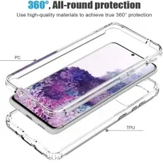Angled view of a Samsung Galaxy S20 in a clear TPU case, emphasizing its slim profile and full protection