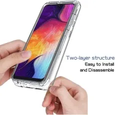 A person installing a clear, full-coverage case on their Samsung A50 for all-around protection