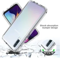Samsung Galaxy A50 with a transparent, full-body TPU case offering shockproof protection