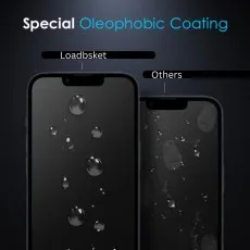 Close-up of the iPhone 16e screen protector’s oleophobic coating, repelling oil, water, and fingerprints