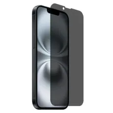 Image showing the front of an iPhone 16e protected by a transparent, scratch-resistant anti-spy screen protector, emphasizing its durable construction