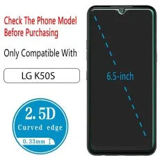 LG K50S 6.5-inch screen protector with 2.5D curved edge, 0.33mm thickness. Check model before purchase