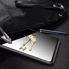 Oppo Find X2 Lite with a tempered glass screen protector, demonstrating scratch resistance against keys and sharp objects in a bag.