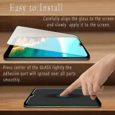 Tempered glass screen protector being aligned and applied to a smartphone, with text instructions for proper installation
