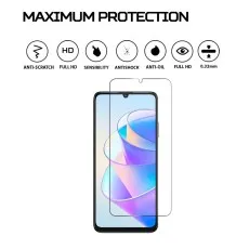 Transparent tempered glass screen protector designed for Lenovo K13 Note, showcasing its protective features and precise cutout for the front camera.
