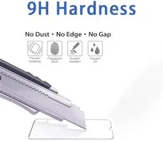 9H hardness screen protector for Nokia 7.2 being tested with a utility knife, highlighting its scratch resistance, fingerprint-proof coating, anti-break protection, and oil resistance