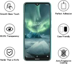 Nokia 7.2 with a screen protector displaying key features, including smooth glass touch, perfect adhesion, 99.9% transparency, case-friendly design, anti-fingerprint coating, and high hardness