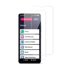 A smartphone with a simple, user-friendly interface and two transparent screen protectors.
