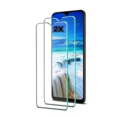 Two clear screen protectors shown in front of a smartphone with a scenic ocean and waterfall background.