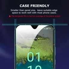 Case-friendly tempered glass screen protector for Nokia C11, designed to leave suitable edge space for compatibility with most phone cases. The image highlights that the tempered film