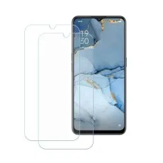 A smartphone displaying a blue and gold marble design wallpaper, with two transparent tempered glass screen protectors placed in front.