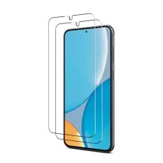 A modern smartphone with a blue and orange abstract wallpaper, with two transparent screen protectors placed in front.