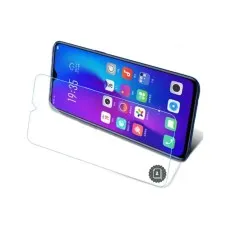 Smartphone with a blue screen and a tempered glass protector placed on top