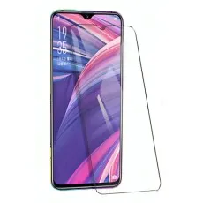 Oppo RX17 Pro for Tempered glass screen protector aligned with a phone that has a teal background and vibrant 3D objects.
