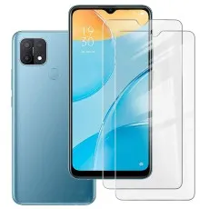 OPPO A15 smartphone with two transparent tempered glass screen protectors placed in front