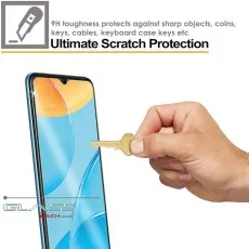 Oppo A15 Smartphone screen protector demonstrating scratch resistance with a hand holding a key against the display, highlighting 9H toughness protection
