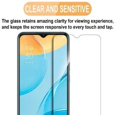 OPPO A15 smartphone with a clear tempered glass screen protector, highlighting its high transparency and touch sensitivity