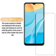 OPPO A15 smartphone with a flexible tempered glass screen protector, emphasizing its shatterproof durability and full-screen coverage