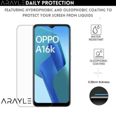 OPPO A16k smartphone with a flexible tempered glass screen protector, emphasizing its shatterproof durability and full-screen coverage