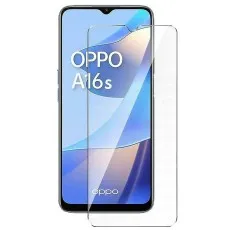 Transparent screen protector placed over an Oppo A16s smartphone, showcasing its fit and design