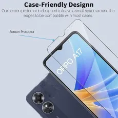 Case-friendly tempered glass screen protector for Oppo A17, ensuring compatibility with most cases