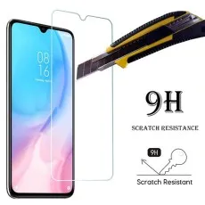 9H hardness screen protector with scratch resistance, demonstrated with a utility knife and key icon