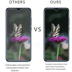 Comparison of ordinary vs. nano glass screen protectors showing clarity and color accuracy