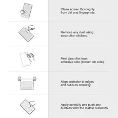 Step-by-step screen protector installation guide with cleaning, dust removal, alignment, and bubble removal.