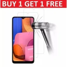 Tempered glass screen protector for TCL L10 Pro with 'Buy 1 Get 1 Free' offer. Features impact-resistant protection, illustrated by a hammer striking the screen, ensuring durability