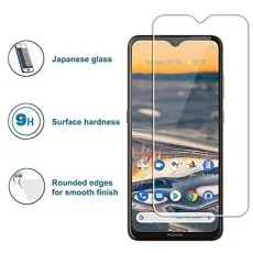Tempered glass screen protector for Nokia 1.2, featuring 9H hardness, Japanese glass, and rounded edges