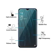Features of OPPO A7 Series Tempered Glass Screen Protector, including 9H hardness, bubble-free application, and high transparency