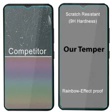 Comparison of screen protectors competitor's scratched, ours scratch-resistant (9H) & rainbow-effect proof