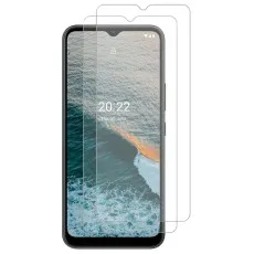 Nokia C22 smartphone with a beach-themed wallpaper on display, accompanied by two transparent tempered glass screen protectors