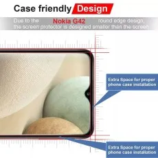 Case-friendly tempered glass screen protector for Nokia C32, designed smaller for proper case installation.