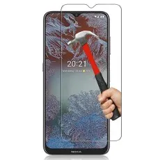 Tempered glass screen protector for Nokia G10 with impact resistance, shown with a hammer test demonstration.